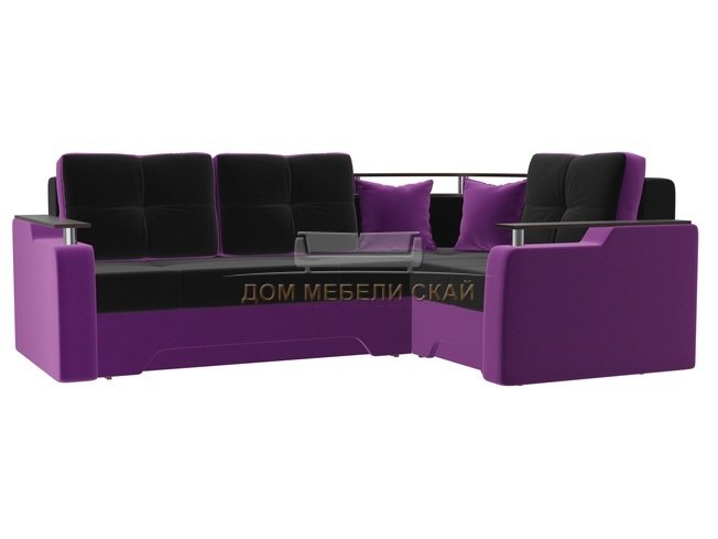 Угловой диван-кровать правый Комфорт, черный/фиолетовый/микровельвет