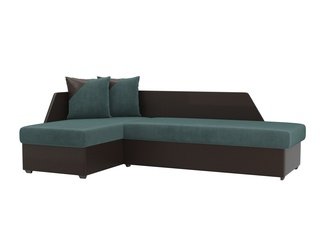 Угловой диван-кровать левый Андора, бирюзовый/коричневый/велюр/экокожа