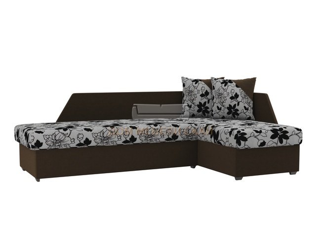 Угловой диван-кровать правый Андора, цветы/коричневый/флок на рогожке/микровельвет
