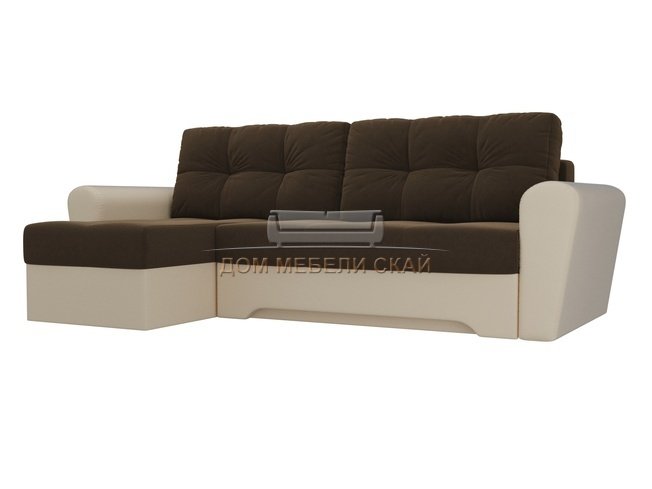 Угловой диван-кровать левый Амстердам, коричневый/бежевый/микровельвет/экокожа