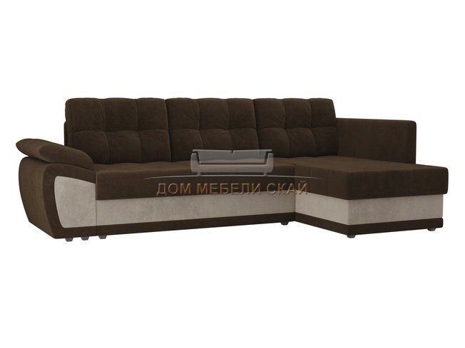 Угловой диван-кровать правый Нэстор прайм, коричневый/бежевый/велюр