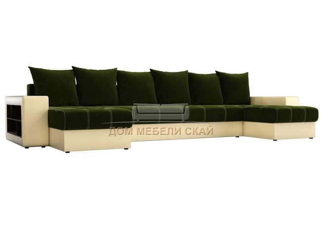 П-образный угловой диван Дубай, зеленый/бежевый/микровельвет/экокожа