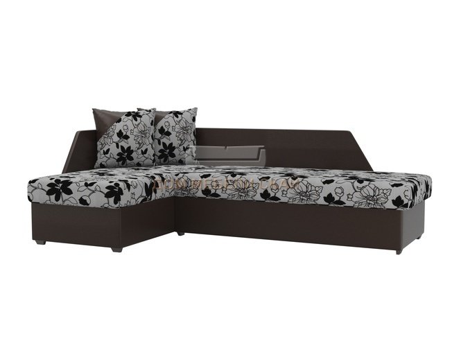 Угловой диван-кровать левый Андора, цветы/коричневый/флок на рогожке/экокожа