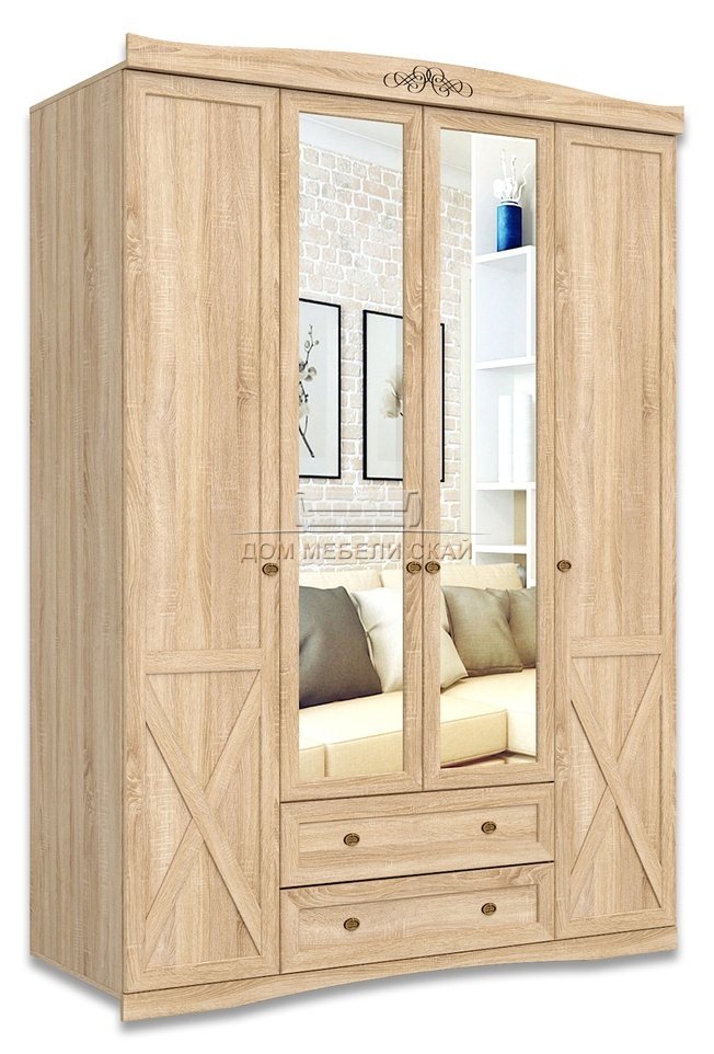 Шкаф 4-дверный для одежды Adele 9 с ящиками и карнизом, дуб сонома