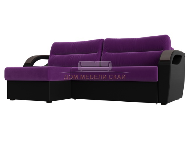 Угловой диван-кровать левый Форсайт, фиолетовый/черный/микровельвет/экокожа