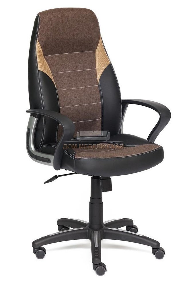 Кресло офисное Интер Inter, черная экокожа/коричневая рогожка