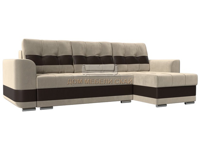 Угловой диван-кровать правый Честер, бежевый/микровельвет/экокожа