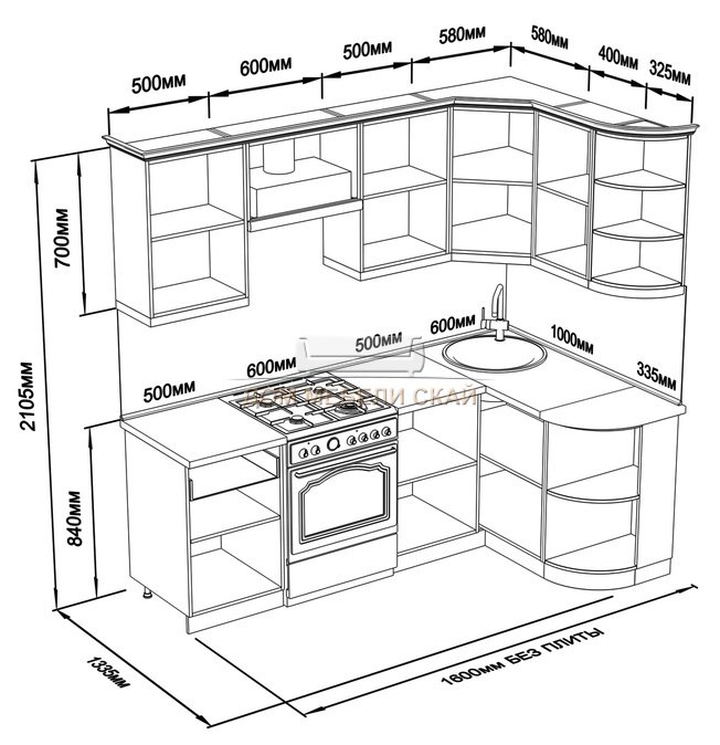 Угловой кухонный гарнитур схема с размерами