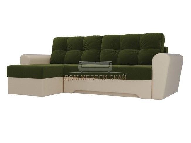 Угловой диван-кровать левый Амстердам, зеленый/бежевый/микровельвет/экокожа
